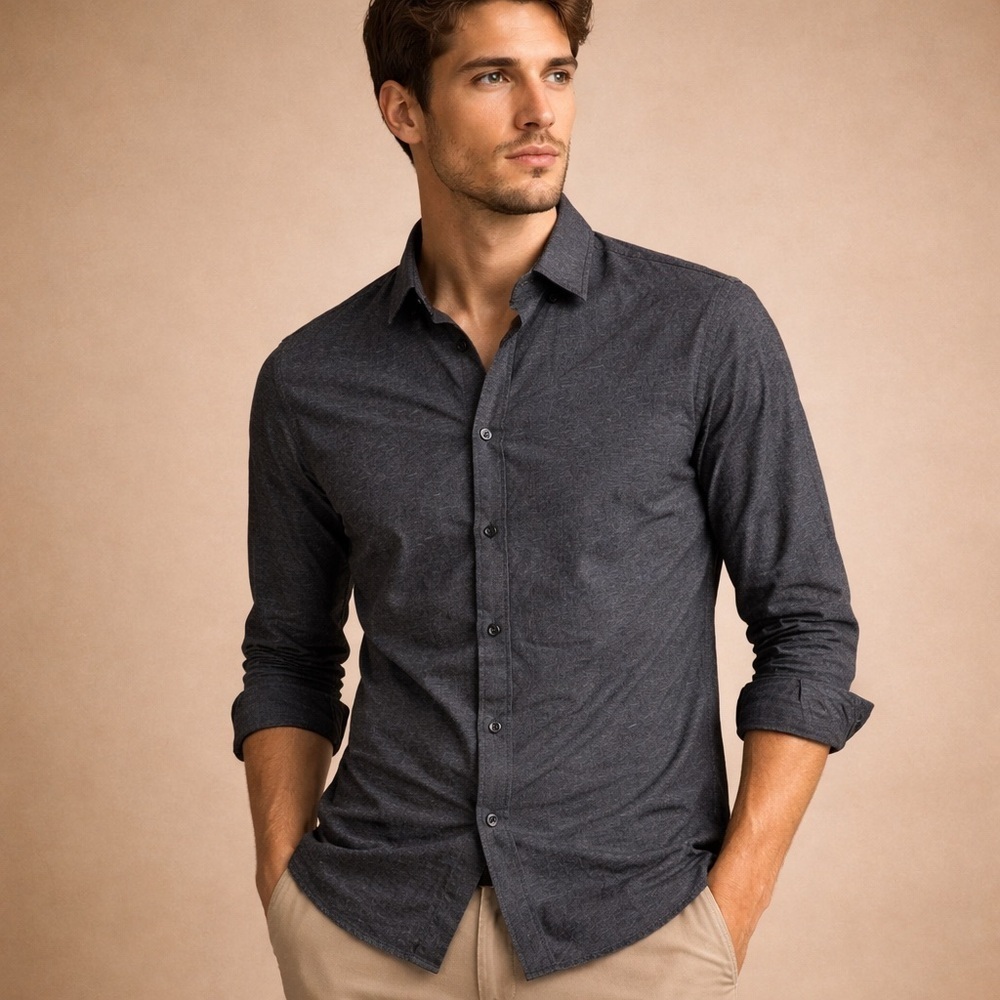 DKNY Charcoal Heather Long-Sleeve Button-Down Shirt Size L